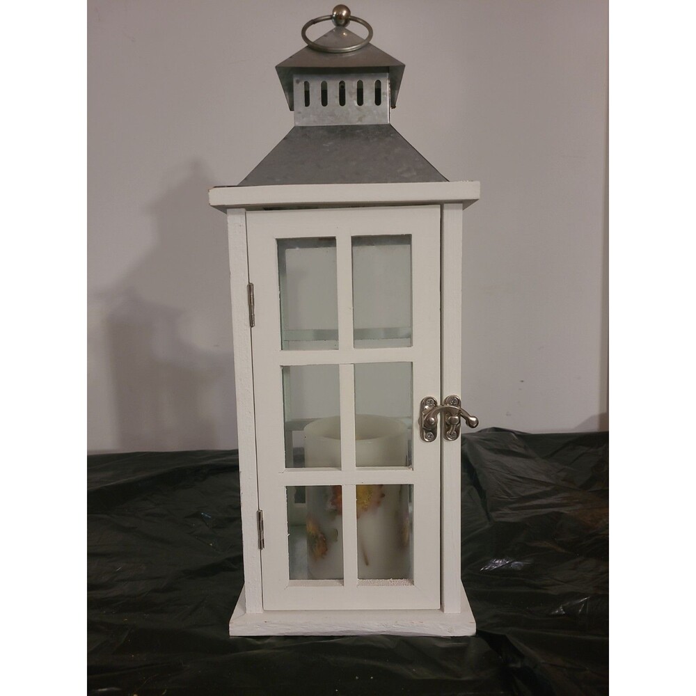 White Painted Wood Lantern Candle Holder Glass Panels Metal Top, 15", W/bat Cand